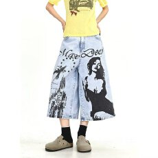 批发美式街头涂鸦印花牛仔中裤<b class='q'>男</b>夏季宽松潮牌复古七分<b class='q'>裤子</b>2026年日系