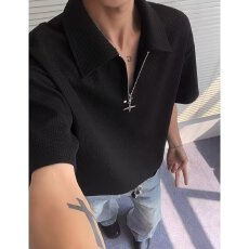 批发华夫格半拉链POLO衫<b class='q'>男</b>夏季潮流宽松简约纯色短袖<b class='q'>T</b><b class='q'>恤</b>百搭复古半袖