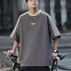 批发美式潮牌华夫格<b class='q'>t</b><b class='q'>恤</b><b class='q'>男</b>夏季新款短袖体恤宽松休闲学生半袖条纹上衣