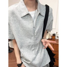 批发浅灰色假两件短袖polo衫<b class='q'>男</b>款夏季半拉炼翻领正肩<b class='q'>T</b><b class='q'>恤</b>美式重磅上衣