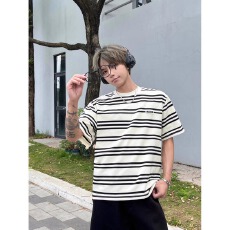 批发撞色条纹短袖T恤男夏季宽松圆领上衣韩系通勤老钱风半袖260克