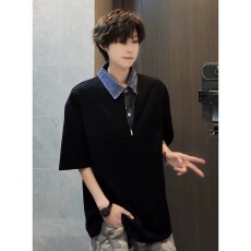 批发黑色假两件半拉炼polo衫<b class='q'>男</b>夏季衬衫领短袖<b class='q'>t</b><b class='q'>恤</b>美式痞帅高级感半袖