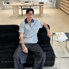 批发半拉炼撞色短袖T恤男女美式手缝线设计感T恤夏季学院风翻领五分袖