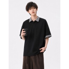 批发美式假两件翻领短袖T恤男夏季宽松重磅青少年polo衫高级痞帅上衣