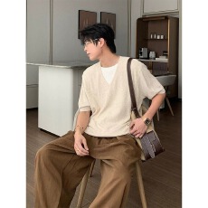 批发假两件人夫感穿搭<b class='q'>男生</b>短袖T恤夏季老钱风莱赛尔透气亚麻针织上衣