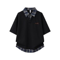 批发假两件拼接衬衫领卫衣男女<b class='q'>春</b>秋季美式复古格子上衣学院风情侣外套
