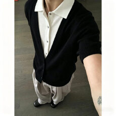 批发休闲拼接翻领上衣假两件短袖外套<b class='q'>男</b>夏新款时尚<b class='q'>男</b>士高级感<b class='q'>针织</b><b class='q'>开衫</b>