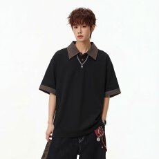 批发休闲条纹假两件polo衫短袖男上衣青少年宽松美式潮牌夏季半袖T恤
