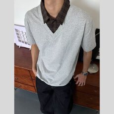 批发假两件短袖polo衫男夏季美式拼接翻领t恤高级感痞帅重磅曼巴棉