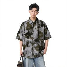 批发潮牌休闲新中式古着感港风印花宽松<b class='q'>长袖</b><b class='q'>衬衫</b>冰丝水墨染