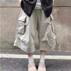 批发夏季<b class='q'>日系</b><b class='q'>复古</b>水洗纯棉多口袋工装七分裤男女纯色宽松直筒过膝
