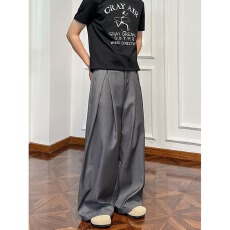 批发老钱风条纹褶皱<b class='q'>休闲裤</b>男潮流宽松直筒裤美式复古阔腿拖地