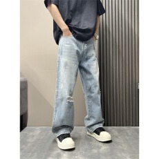 批发美式漆点破洞牛仔裤男款<b class='q'>夏</b>季潮牌高街vibe直筒裤子水洗做旧阔腿裤