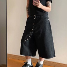 批发美式复古斜门襟七分牛仔裤男<b class='q'>女</b>cleanfit街头小众休闲情侣阔脚短裤