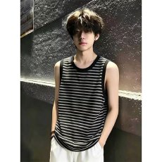 批发日系ins潮流<b class='q'>男</b>款条纹背心夏季薄款无袖跨栏T恤上衣宽松睡衣家居服