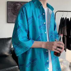批发满印衬衫男士<b class='q'>短袖</b>夏季港风日系慵懒风衬衣宽松设计感小众寸衫外套