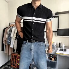 批发文艺百搭撞色休闲慵懒风百搭黑色翻领<b class='q'>针织衫</b>新款潮流慵懒气质ins