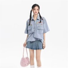 批发2025夏季新款短袖<b class='q'>牛仔</b><b class='q'>衬衫女</b>刺绣美式复古外套休闲t恤外套女