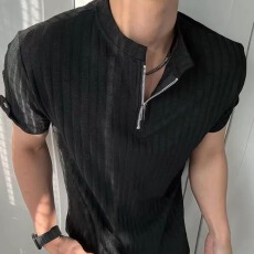 批发老钱风半拉炼<b class='q'>短袖</b>男夏季薄款修身防晒透气POLO衫T恤男士条纹上衣