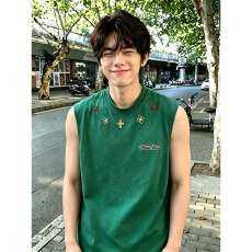 批发cleanfit墨绿色重磅刺绣背心<b class='q'>男</b>款夏季高级感潮牌水洗扎染无袖T恤