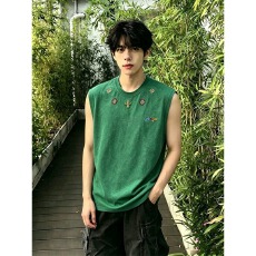 批发vintage墨绿色扎染刺绣背心<b class='q'>男</b>款夏季重磅无袖t恤美式复古运动坎肩