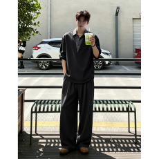 批发人夫感穿搭套装<b class='q'>男</b>夏季韩系松弛感假两件冰丝衬衫垂感阔腿弯刀西裤