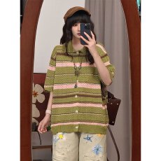批发翻领黄色条纹短袖t恤女夏季2025新款<b class='q'>针织</b>衫爆款高级polo上衣
