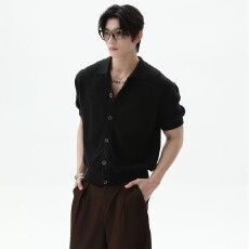 批发美式针织<b class='q'>衬衣</b>肌肉<b class='q'>男</b>紧身弹力短袖开衫翻领透气紧袖<b class='q'>衬衫</b>