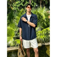 批发藏青色假两件短袖衬衫男款<b class='q'>夏</b>季V领T恤松弛感老钱风彷亚麻衬衫外套