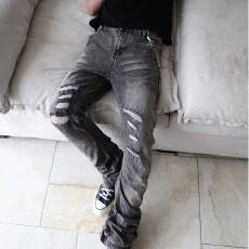 批发欧美潮牌男士破洞<b class='q'>牛仔裤</b>潮流个性修身小脚长裤子复古做旧拼接机车
