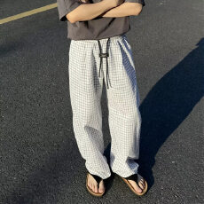 夏季美式复古格子拼接慵懒风直筒休闲裤男女宽松阔腿百搭长裤