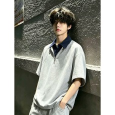 批发假两件拼接短袖男款POLO衫夏季美式boxy版型半拉炼T恤正肩半截袖
