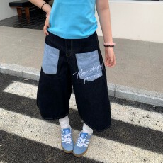 批发美式复古格纹刺绣字母拼接牛仔七分裤男女夏季宽松百搭阔腿短裤潮