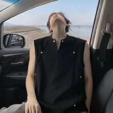 黑色V领铆钉设计感坎肩背心男模夏季时尚穿搭正肩老头衫无袖t恤