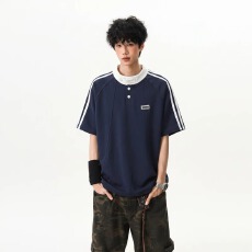 批发美式cleanfit条纹拼接短袖polo衫男女夏季重磅立领t恤撞色半截袖
