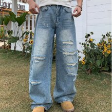 批发美式复古破洞浅色牛仔裤<b class='q'>男</b>款乞丐2026新款宽松直筒<b class='q'>男</b>士夏季长<b class='q'>裤子</b>