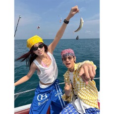 批发EAHO美式星星印花双腰头弯刀阔腿伞兵裤<b class='q'>男</b>女宽松百搭拖地直筒<b class='q'>长裤</b>