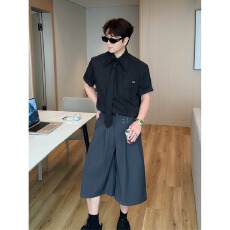 批发网图3K499七分裤西裤250克立体包边松紧灰黑M-3XL