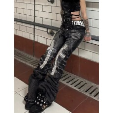 批发新款重工黑色拼接<b class='q'>牛仔裤</b>男士2026帅气小脚修身潮流痞帅机车男裤