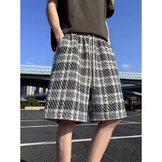批发蓝色针织格子五分裤子男<b class='q'>夏</b>季美式运动薄款短裤慵懒松弛感休闲中裤