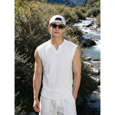 批发美式肌理感V领背心男款夏季解构拼接铆钉无袖T恤健身运动坎肩汗衫