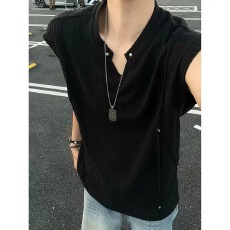 批发黑色肌理感V领背心男款夏季解构拼接铆钉无袖T恤健身运动坎肩<b class='q'>汗衫</b>