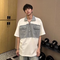 批发纯棉小众牛仔拼接设计翻领短袖衬衫男夏季宽松休闲夏季