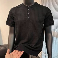 痞帅无领短袖POLO衫夏季薄款透气修身型男条纹半袖T恤时尚圆领款
