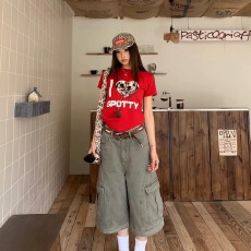 美式复古多口袋七分裤男女夏季宽松休闲阔腿工装裤牛仔短裤潮