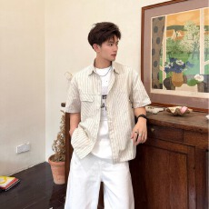 批发原版50%复古色条纹短袖<b class='q'>衬衫</b>夏季宽松廓形百搭带盖口袋半袖<b class='q'>衬衣</b>