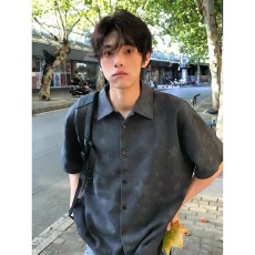 批发美式星星印花短袖<b class='q'>衬衫</b><b class='q'>男</b>款夏季薄款冰丝<b class='q'>衬衣</b>夏威夷海边穿搭半截袖
