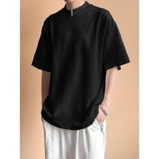 批发夏季新款cleanfit短袖设计感小众男白色半拉链圆领<b class='q'>T</b><b class='q'>恤</b>休闲五分袖