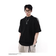 批发夏季设计款镂空针织衫男士三道杠透气冰丝凉感宽松V领短袖沙滩服