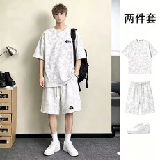 批发简约潮流扎染休闲运动套装<b class='q'>男</b>夏季潮牌穿搭一套衣服搭配短袖<b class='q'>短裤</b>